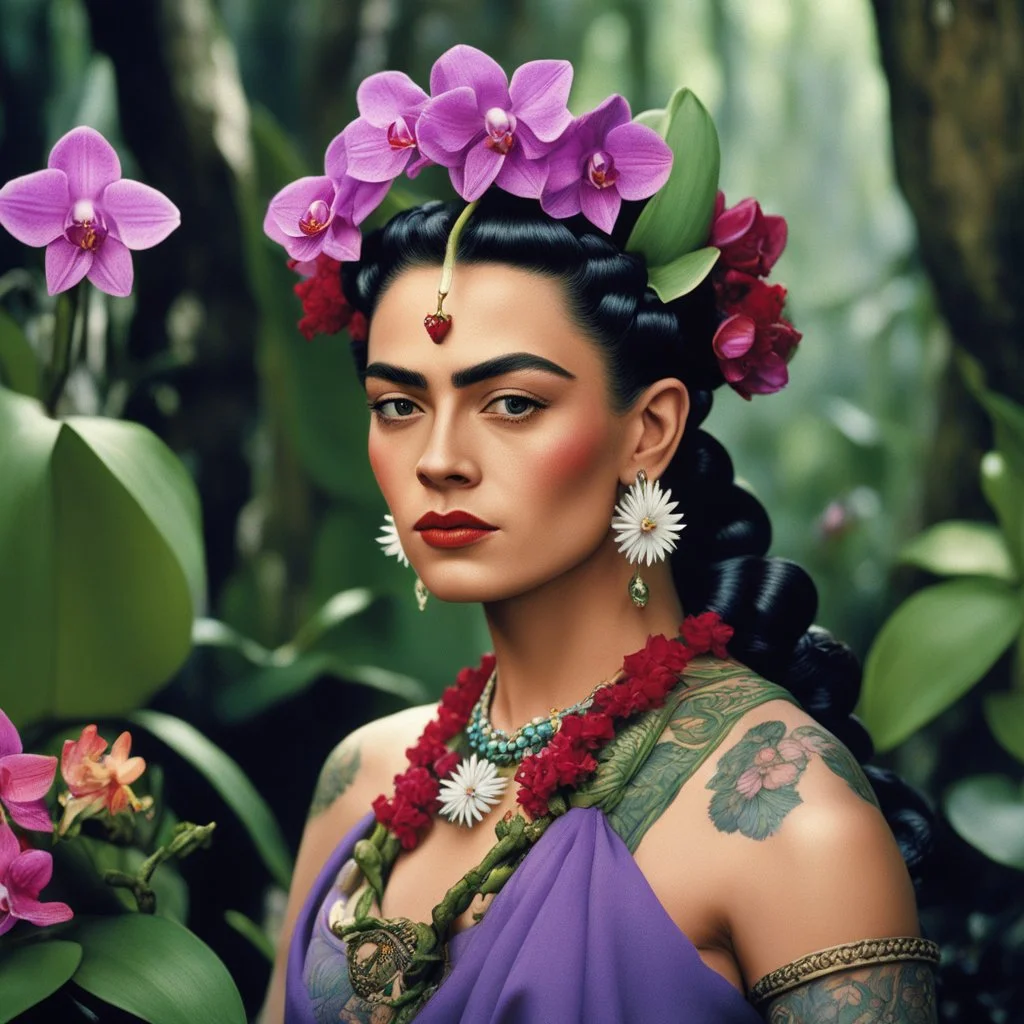 [high res photo by Ray Harryhausen] Frida Kahlo as a tattooed Viking warrior: she delicately picks the orchid flower with her mystical allure and enchanting fragrance. They are in a hidden garden deep within the heart of a mystical forest, where orchids bloom in a riot of hues - from deep purples to dazzling whites, each blossom a work of art crafted by nature's hand.