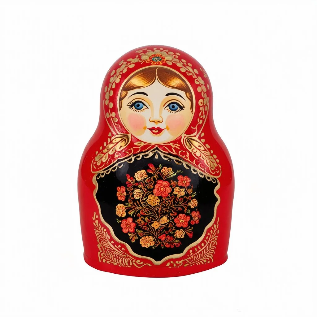 Russian Khokhloma-style patterns, a matryoshka doll in the middle, black and white shades on a red background, patterns on the sides