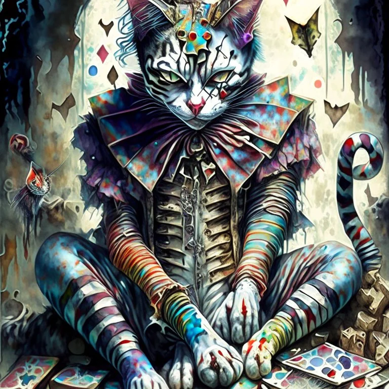 Harlequin cat patchwork art by cameron gray epic poster, Hyper realistic cat clown. sits on a pile of bones and skulls watercolor painting, Jean-Baptiste Monge style, bright, beautiful in spring, splash, big perfect eyes, rim lighting, lights, magic, fantasy, digital art, wlop, artgerm and james jean Modifiers: 8k cinematic lighting photorealistic 4K 3D crisp quality hdr Ultra realistic Gian Lorenzo Bernini Geometric and cubist