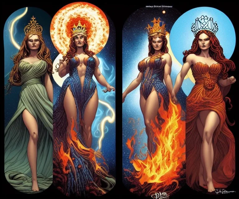 Four doll divine representing each one the four elements: fire, earth, air, and water. Mark Brooks and Dan Mumford, comic book art, perfect, smooth elemental galactic space core royalty queens crown.