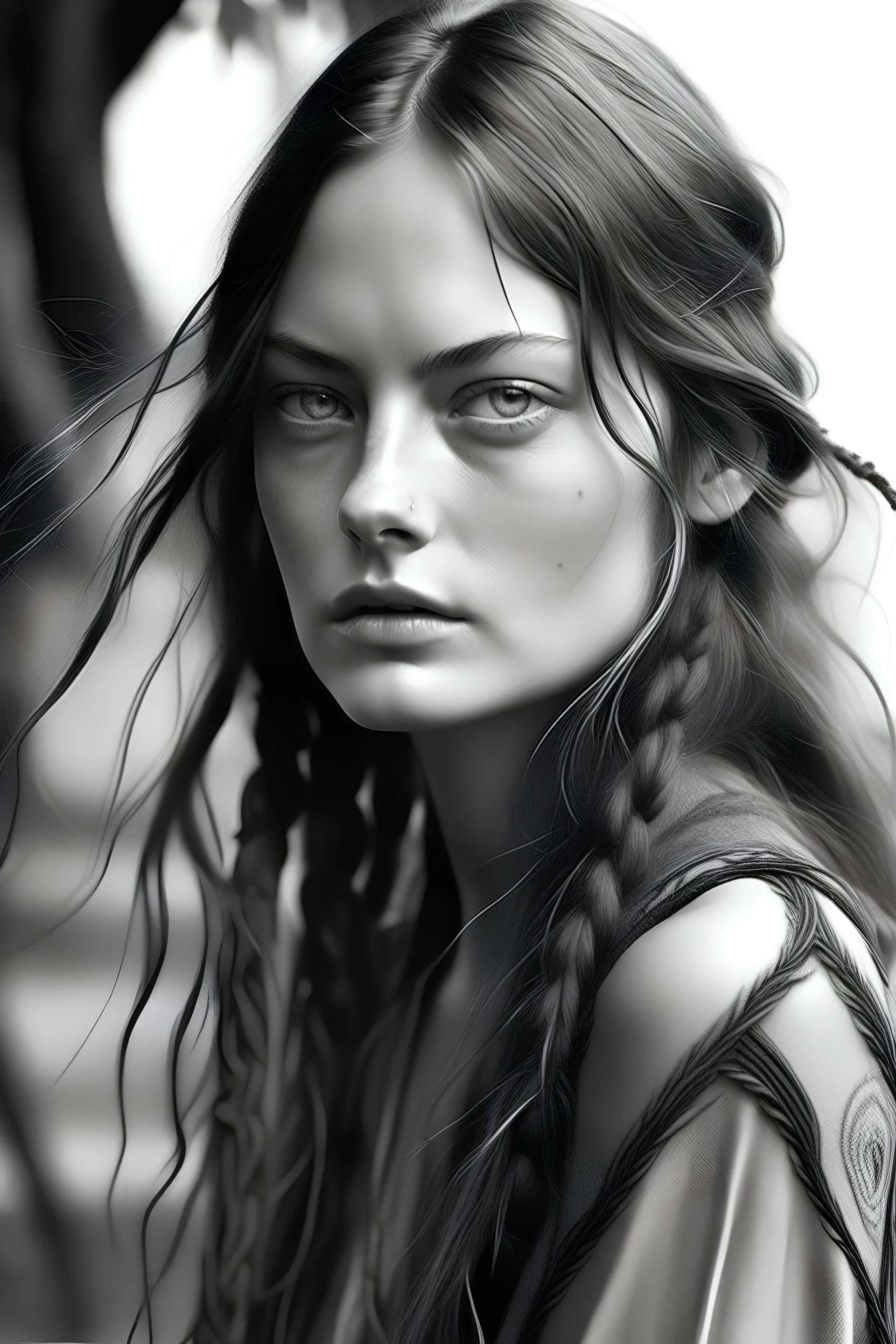 a black and white photo of a woman with long hair, lola dupre, satyr, trending on pinterest. com, by Rebecca Horn, 1920s vibes, pretty female phoebe tonkin, trending on artforum, inuit heritage, 1950s photograph, rene margitte, tassels, pigtail, björk, model photograph
