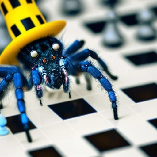 close up of a large hairy blue spider wearing a top hat and playing chess, photorealistic, blender render, wide angle lens, 4k, two birds, jungle,