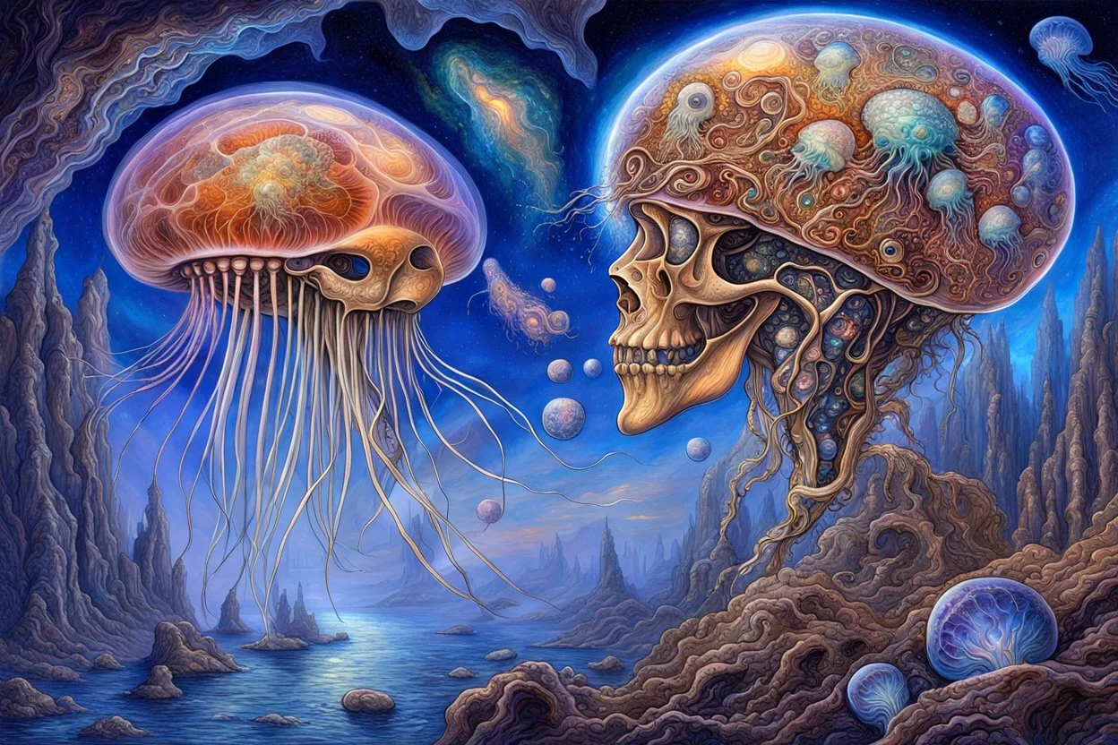 .bones. A jellyfish Cosmic robot .Fantasy, perfect anatomy, fantasy, vibrant digital art professional award winning masterpiece, oil on canvas Atmospheric extremely detailed Josephine Wall