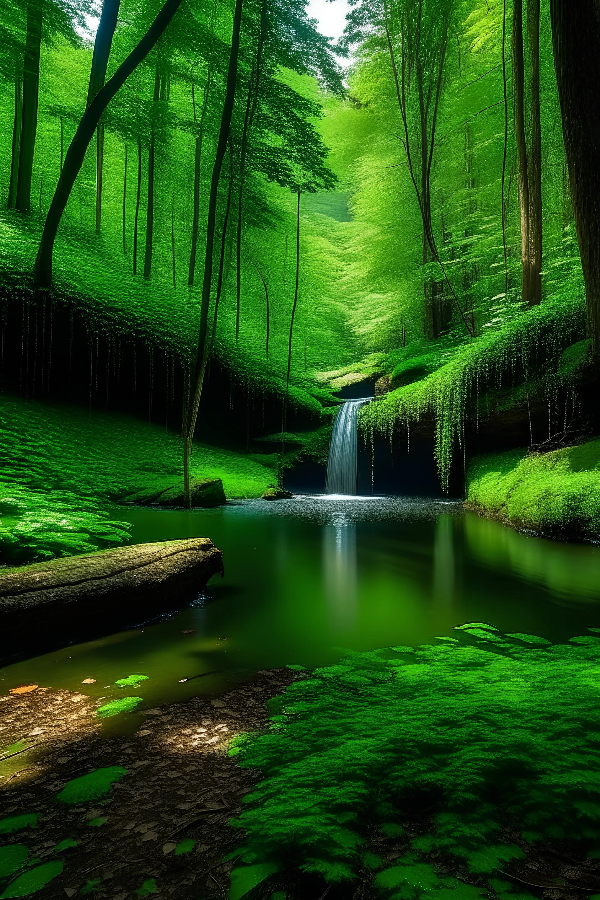 “A lush forest with a hidden waterfall cascading into a crystal-clear pond.”