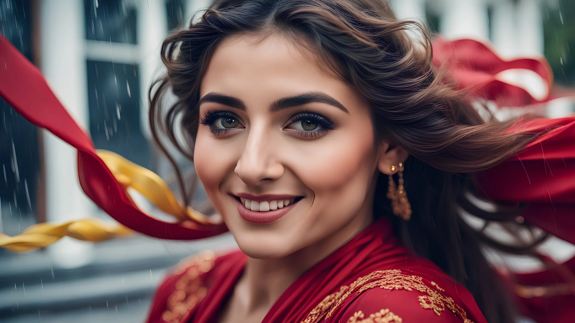 Hyper Realistic Photographic Close-Up View Of A Beautiful Young Pashto Woman With Beautiful Eyes Lips & Nose (Wearing Beautiful Red Frock Decorated With Yellow-Ribbons On It Her Beautiful Long Hair Whirling In Air) Happily Whirling & Smiling Outside A Fancy Navy-Blue Mansion At Cloudy Weather With Heavy Rainfall Showing Dramatic & Cinematic Ambiance.