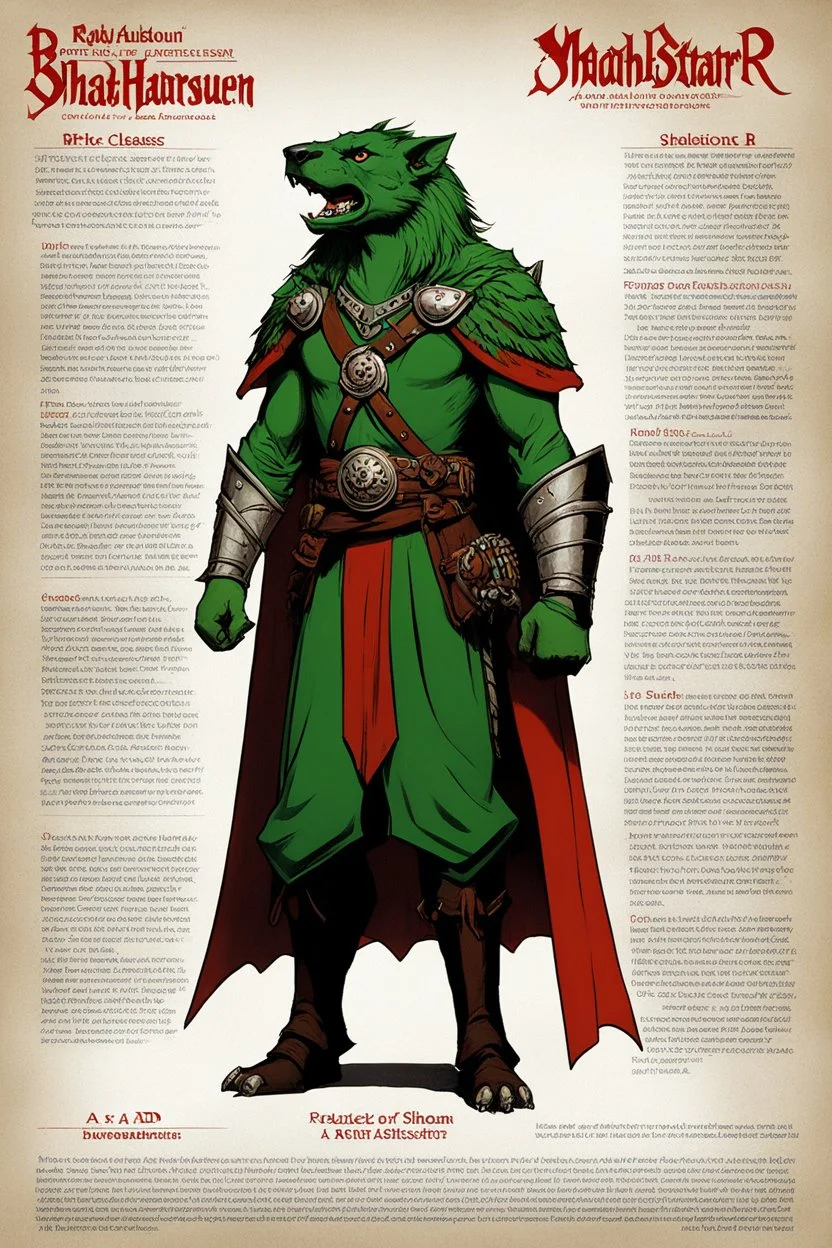 character concept sheet with AD&D statistics and characteristics, [high res photo by Ray Harryhausen for Mahābhārata module B3] a character of the Bravestarr Shaman class in green with a red cape and a pike