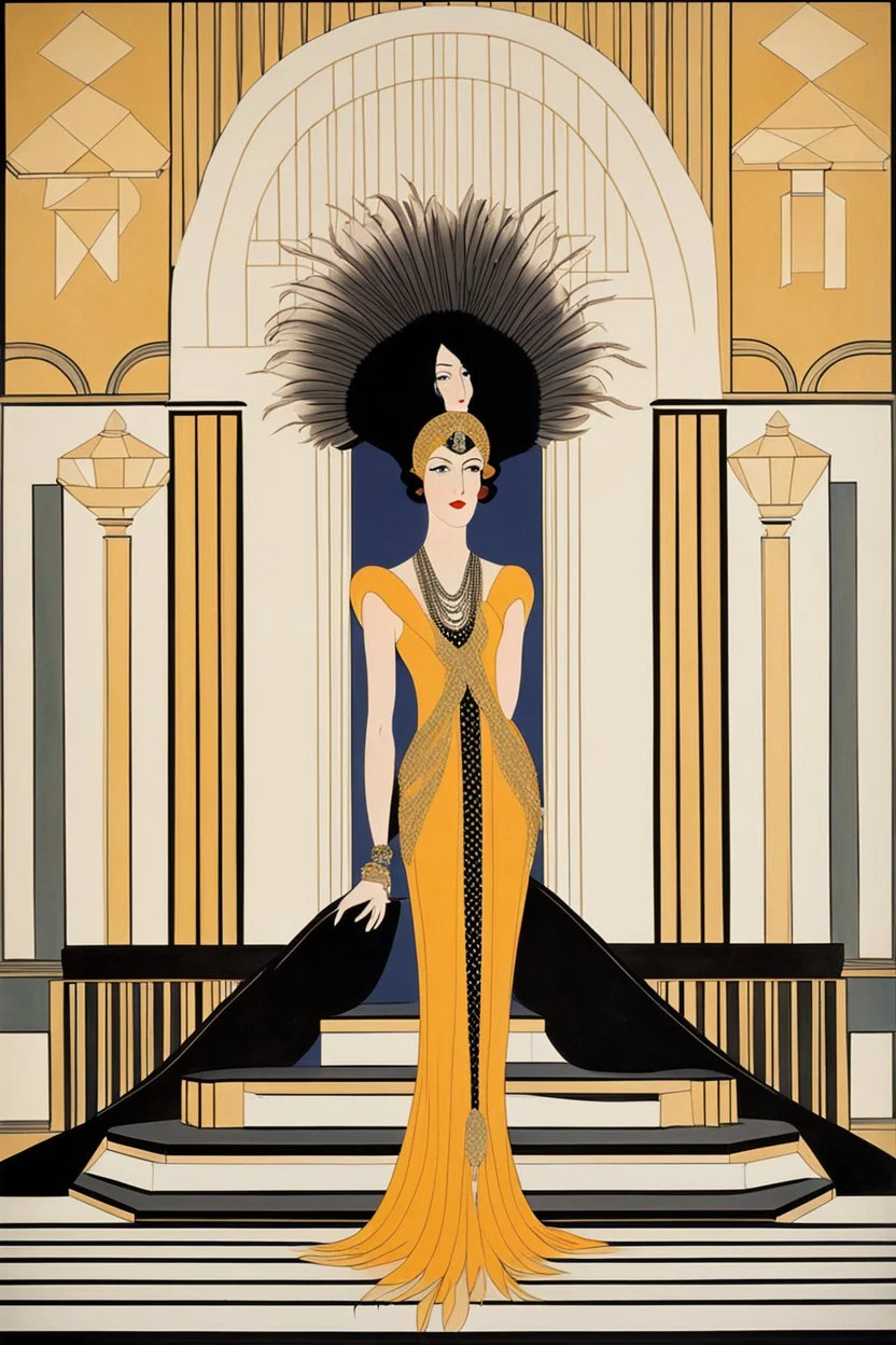 a woman with feathers in an Art Deco foyer by artist "Erté"