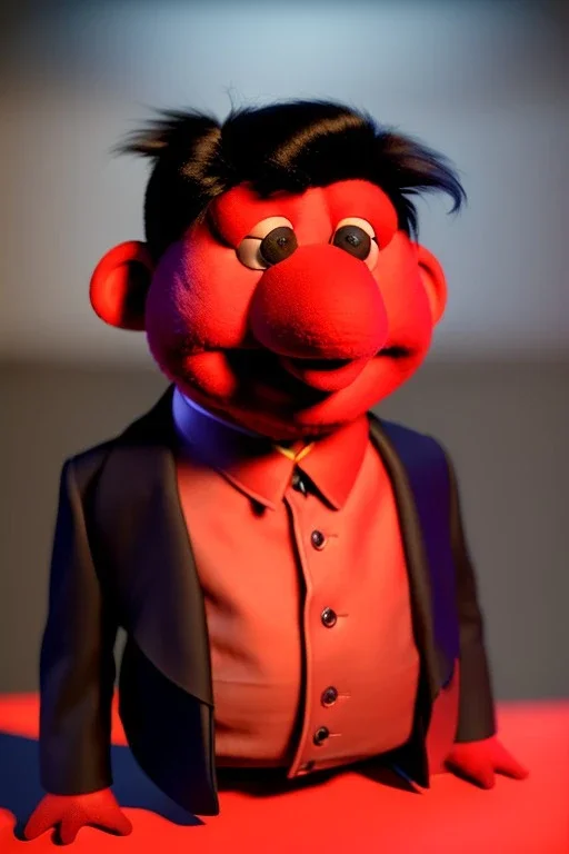 Waist up muppet Portrait, Kim Jong-un muppet doll, black suit, photo studio, red background, unreal engine 5, concept art, art station, god lights, ray tracing, RTX, lumen lighting, ultra detail, volumetric lighting, 3d.