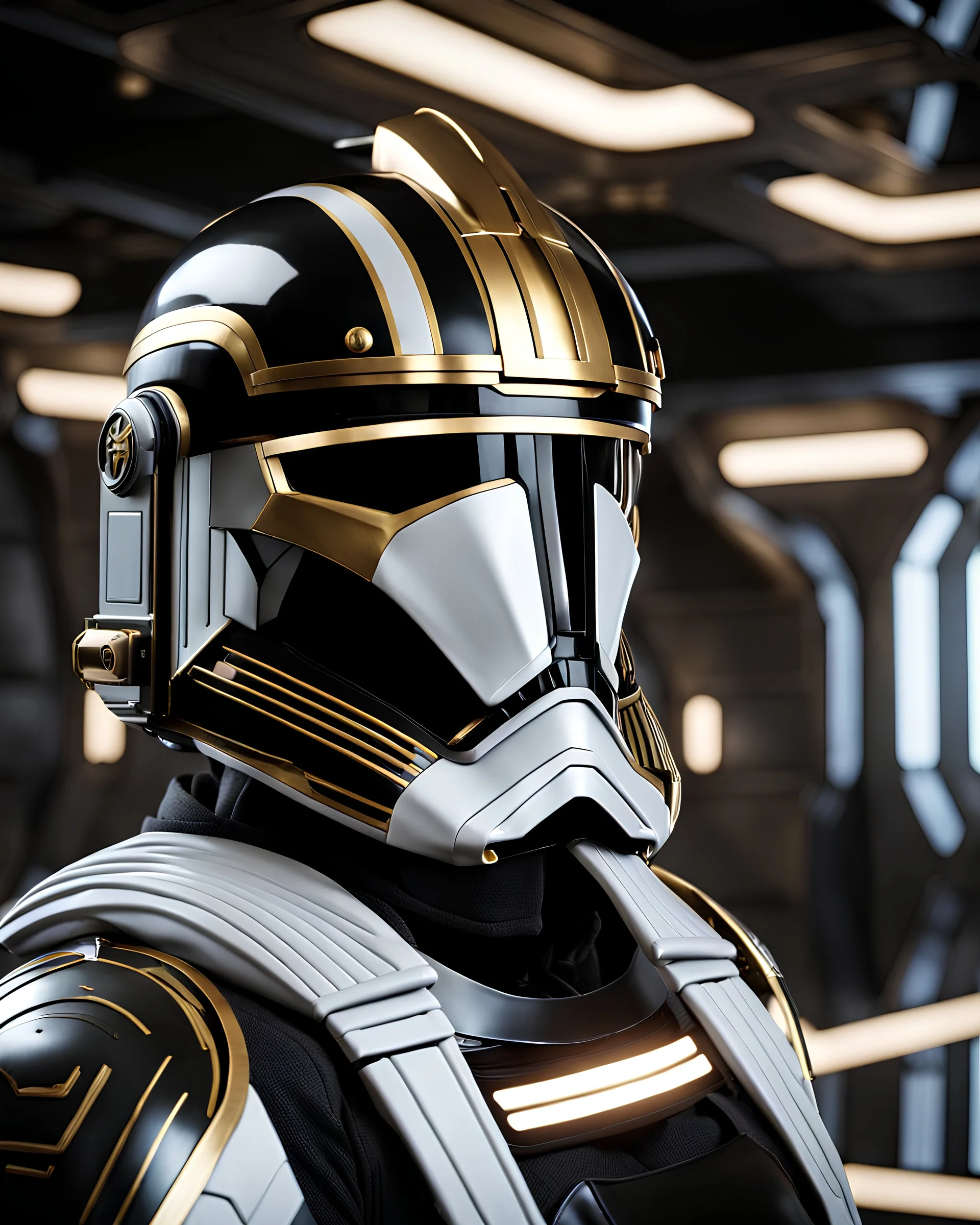 star wars bald male corellian pilot wearing pearlescent black and gunmetal grey First Order special forces armor and helmet with gold trim inside the jedi temple, centered head and shoulders portrait, hyperdetailed, dynamic lighting, hyperdetailed background, 8k resolution, volumetric lighting, light skin, fully symmetric details