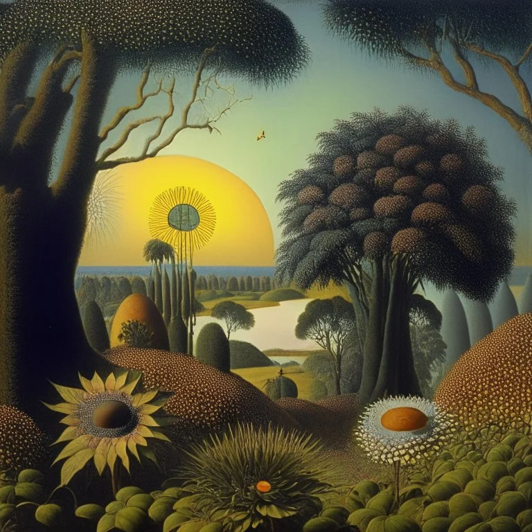 High definition photography of a marvelous landscape, odd still figures, trees, flowers, sun, intricate, atmosphere of a Max Ernst painting, Henri Rousseau, thoughtful, interesting, a bit appalling, smooth