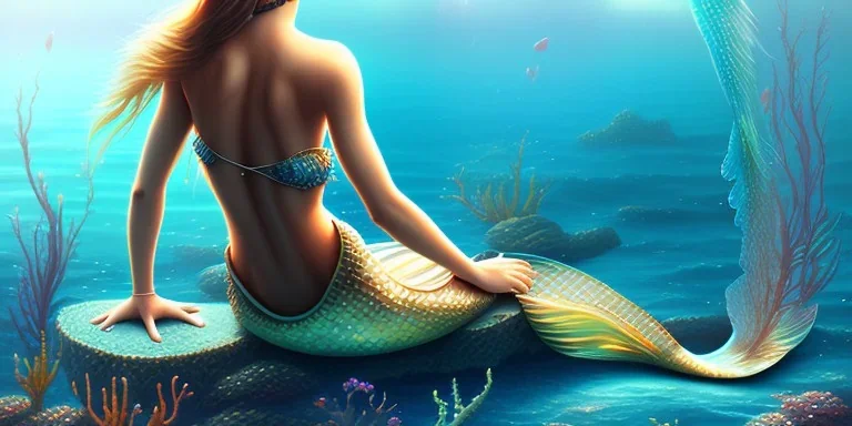 mermaid sitting on the shore, long hair, back view