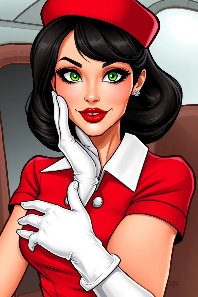 realistic cartoon in the style of Francois Walthery's Natacha series of adventurous, elegant brunette French stewardess lady, aged 55, posing in a tight, short, red uniform dress. She has green eyes, strong makeup, big bright red lips, long lashes and shiny white latex gloves. She looks a bit like Jeanna Fine.