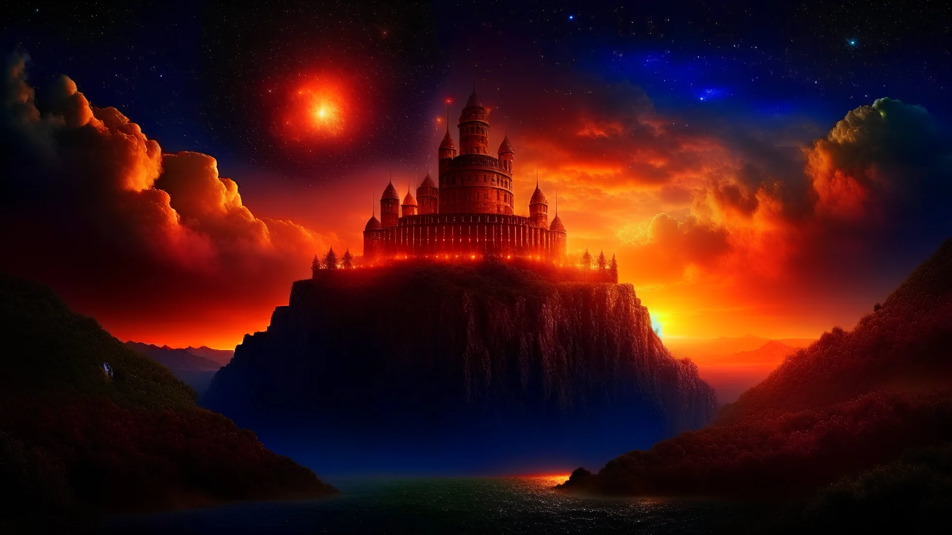 A fortress on magic tower , space color is dark ORANGE, where you can see the fire and smell the smoke, galaxy, space, ethereal space, cosmos, water, and panorama. Palace, Background: An otherworldly planet, bathed in the cold glow of distant stars. gloomy landscape with dramatic HD highlights detailled