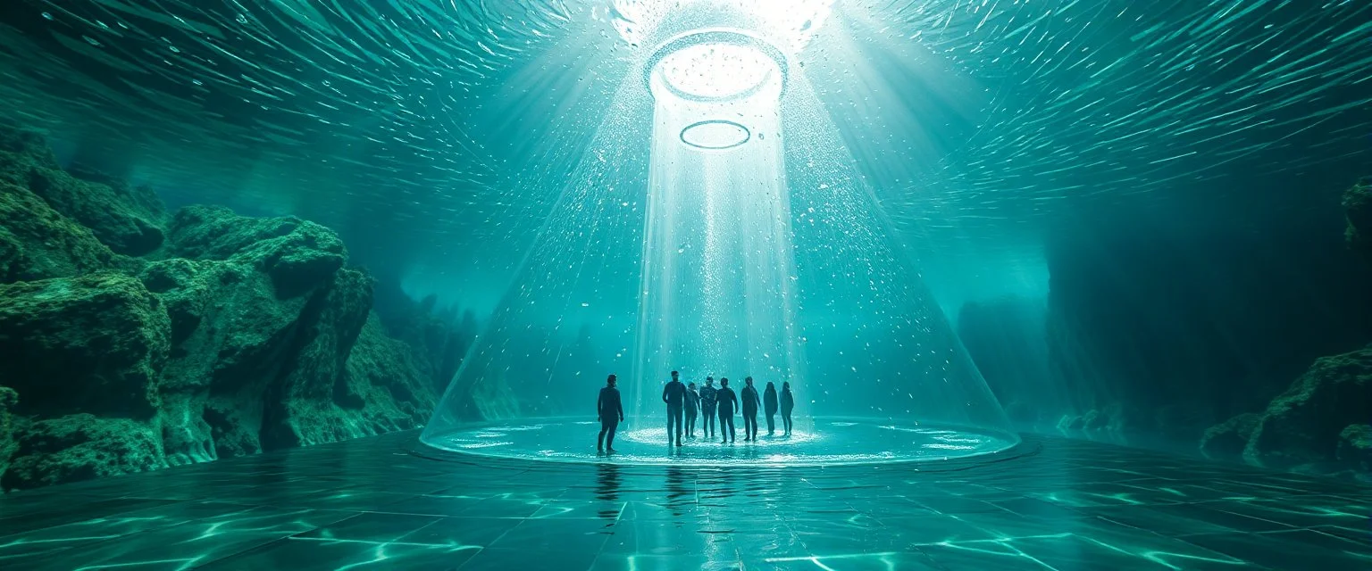 see thru water mega tube lift system with people inside by pyramid