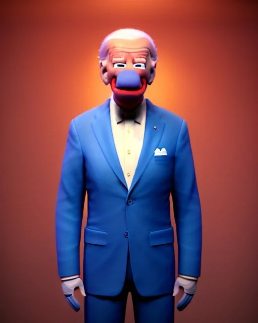 Waist up Portrait, joe Biden as muppet doll, Blue suit retro style, photo studio, city background, unreal engine 5, concept art, art station, god lights, ray tracing, RTX, lumen lighting, ultra detail, volumetric lighting, 3d.