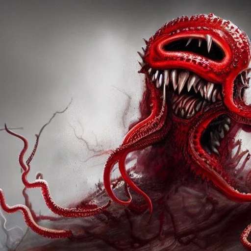 red, monster, tentacles, teeth, horror, detailed, realistic, gore, eyes, 4K, fantasy, scary, demonic, hyper realistic, huge,