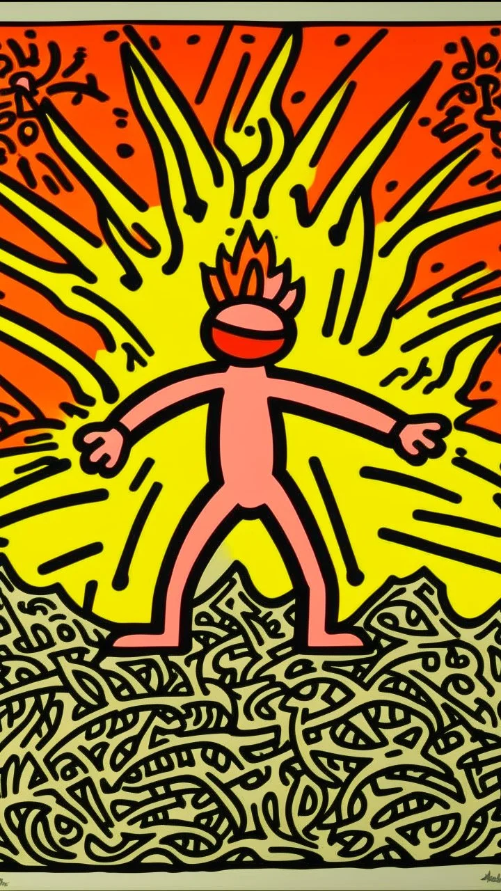 A light rosy orange colored volcano with spewing fire painted by Keith Haring