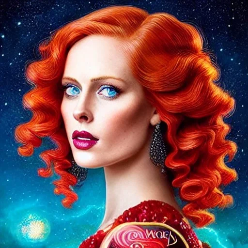 Deborah ann woll, her striking perfectly detailed clear eyes, her perfect, precisely detailed lightly freckled face, meticulously detailed long curly multi-hued ginger carrot cherry fire red hair, luminous colorful sparkles; by james r. eads, gawki, rajewel, tania rivilis, dan mumford, lisa frank, artgerm, greg rutkowski, alphonse mucha and william-adolphe bouguereau; glitter, airbrush, octane render, volumetric lighting, 16k, photorealistic digital painting, artstation, smooth, sharp focus, col