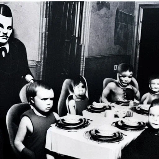 Creepy old photo of giger alien people sitting at dinner with weird children