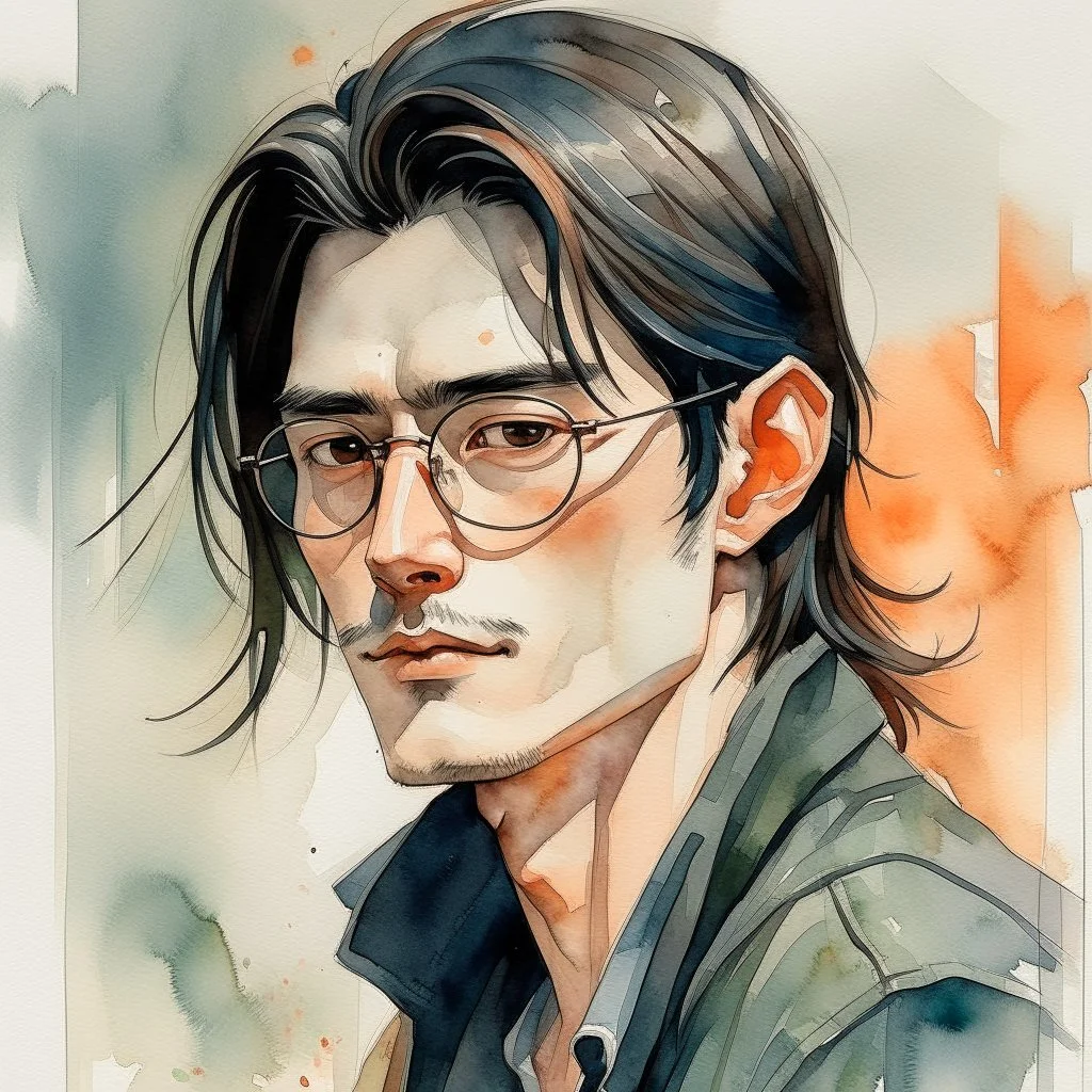 watercolour, large strokes, stylistic, portrait, illustration, dull colours, young, 20-something male, long black hair reaching the tailbone, brown eyes, has a certain aura of confidence,sharp facial features, slick angular glasses.