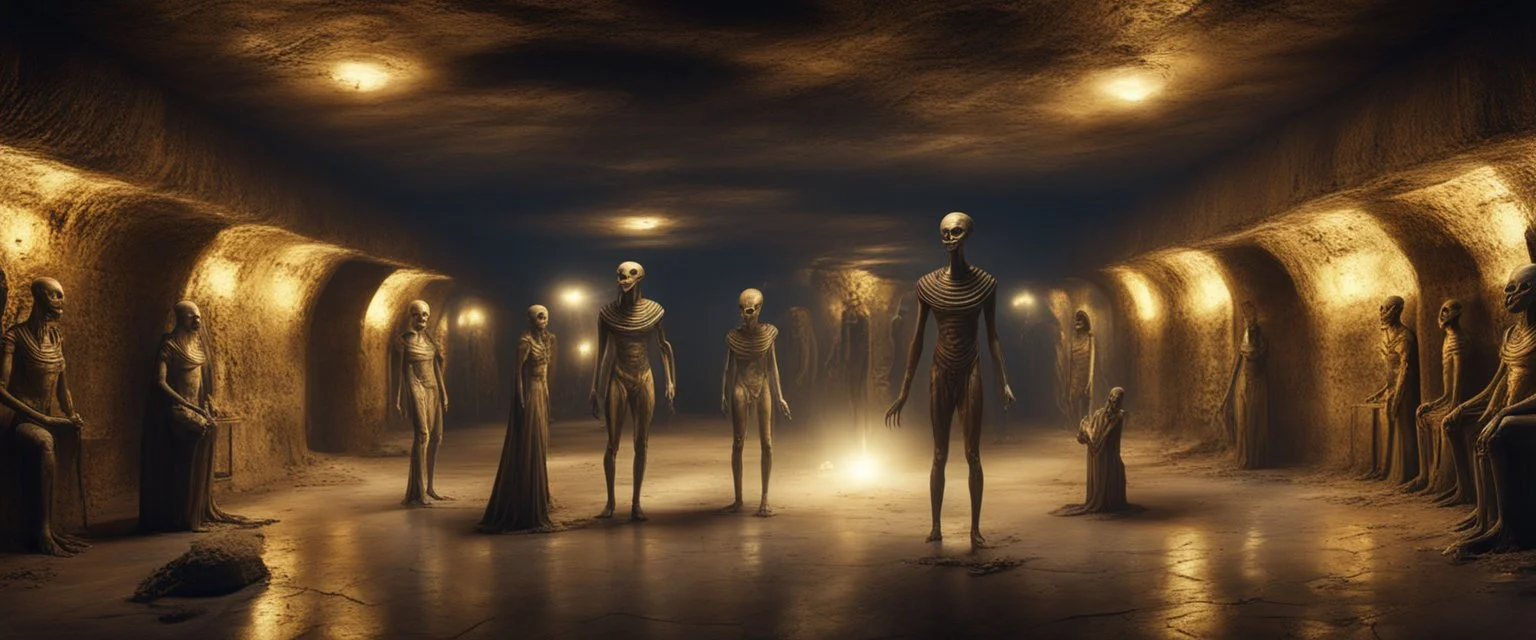 Hyper Realistic aliens inside Egyptian catacombs with lots of gold at dark night