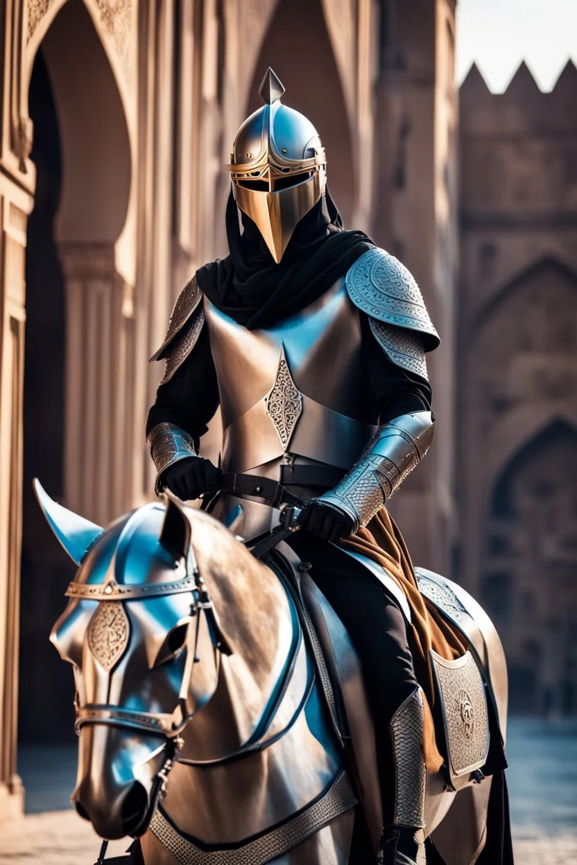 Arab cyborg warrior Full Body Full Armored helmet,Wearing Face Mask Iron Masculine Mysterious Powerful Fantasy High Quality clothes,drivin on horse,islamic city background