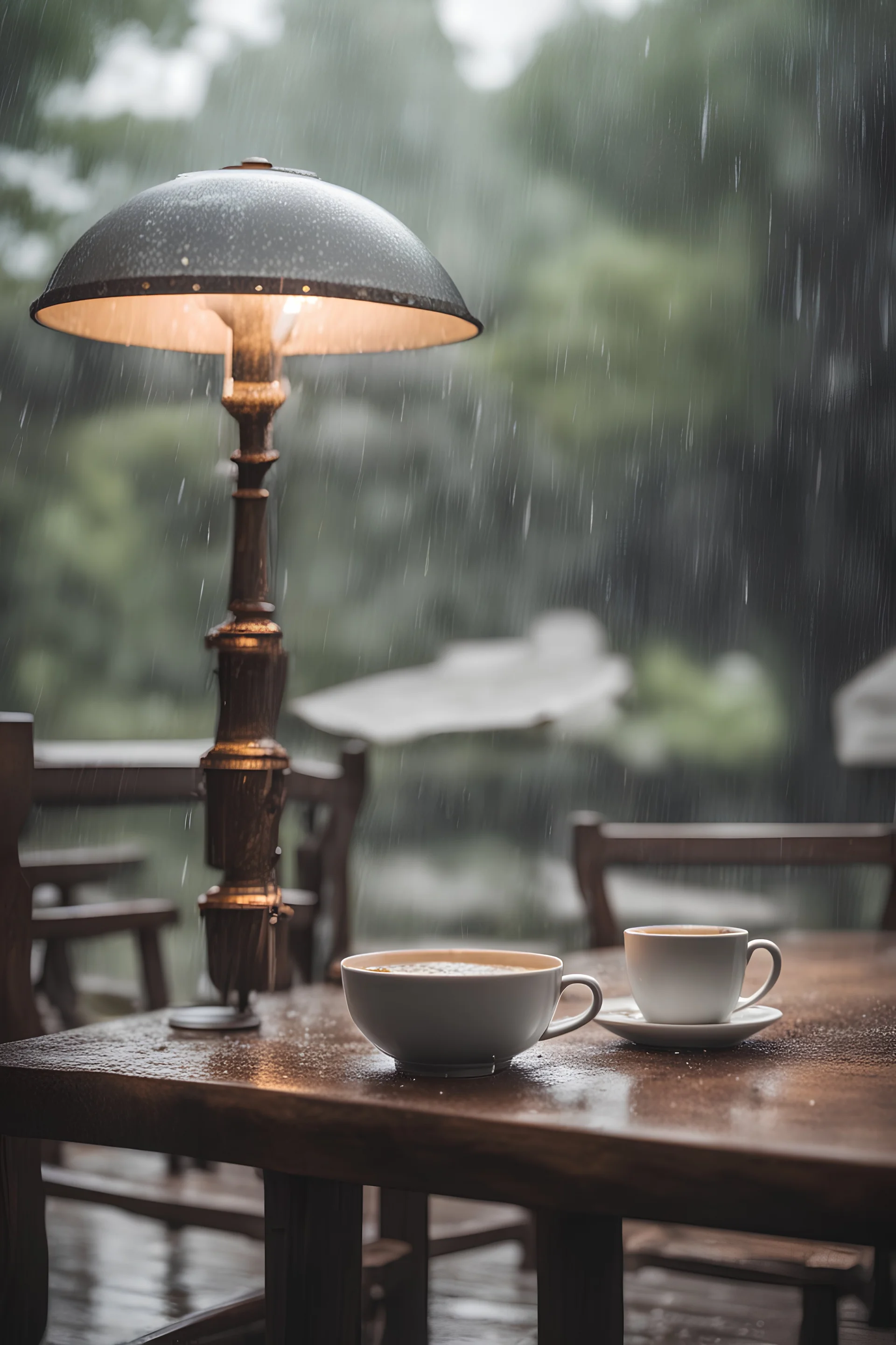 coffee on table and its raining heavily outisde, trees and old lamp