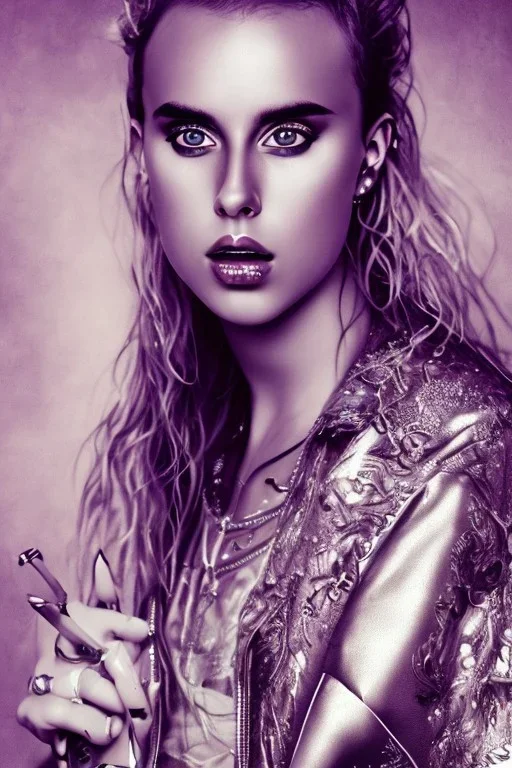 Danish singer MØ face, viking, high light ,purple tones,