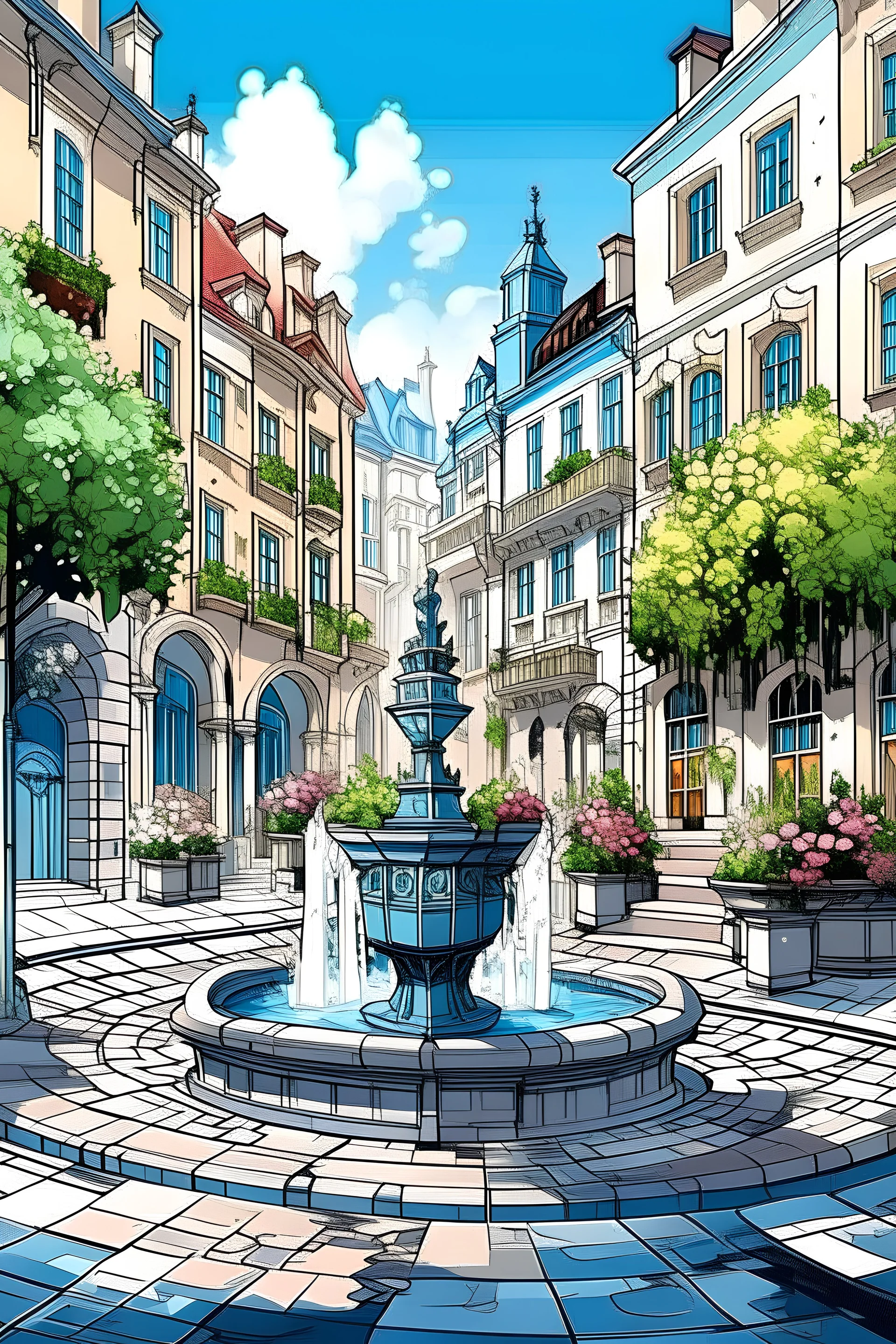 Street , city , plants , fountain , colours , beautiful, drawing