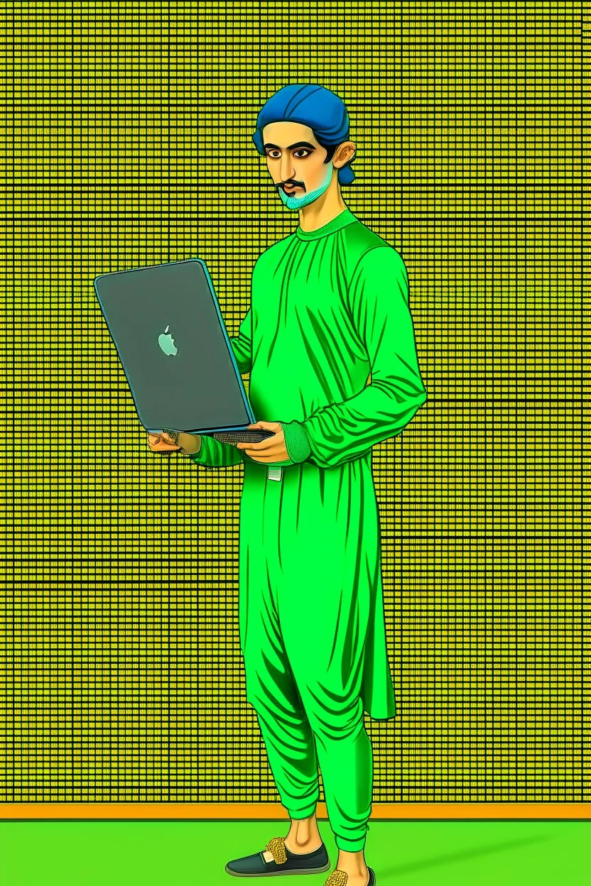 Modern guy, 20s, holding "laptop" in left hand, looks like a renaissance painting, walking forward, full body, "persian green", "right hand pointing down". "Front facing"