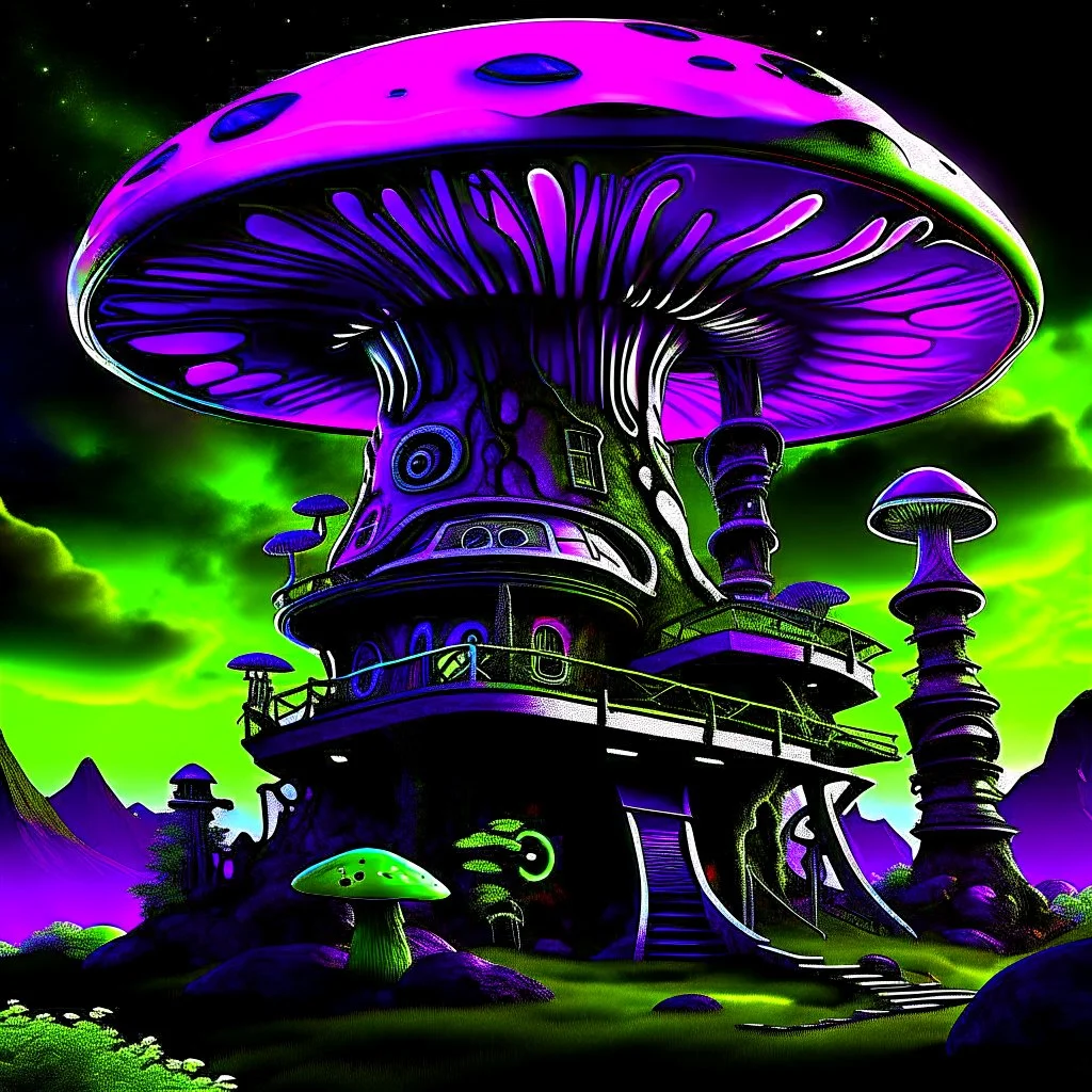 A fantabulous black, green and purple (((mushroom tower house))) erected atop a (geologic pillar), surrounded by the uncanny imaginative ((( swirling skies))), offset by the stark hues of a (neon-tinged nebulous space scape), within. captured by the hand a skilled master painter with a focus on (softly blurred compositions and voluminous lighting).