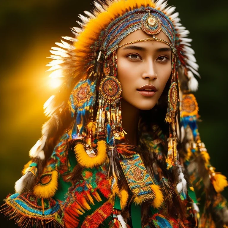 indigenous, beautiful portrait, flowery landscape, light, sun