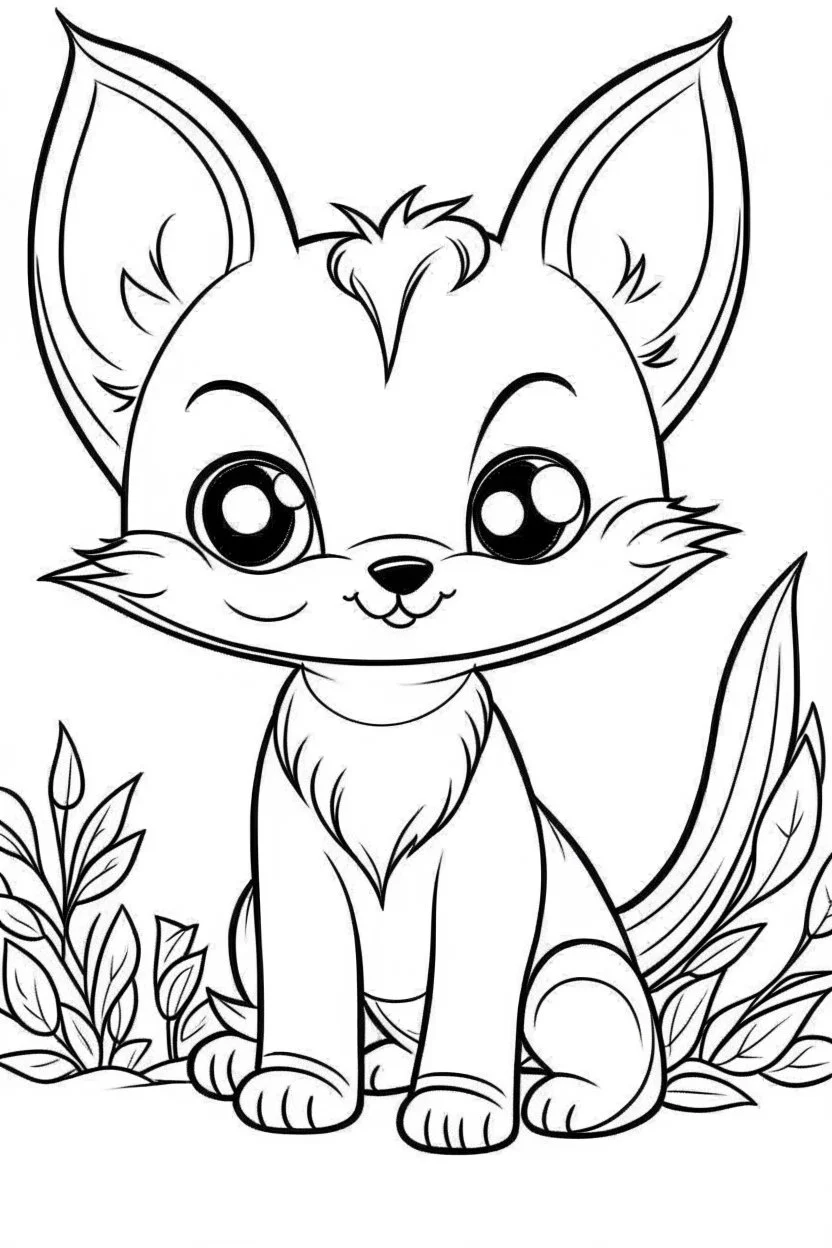 cute coloring page, sketch style, cute baby fox in the wood, cartoon, white and black, withe background, no shadows, outline.