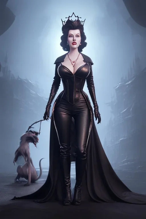 Lana Turner as evil queen in black leather, leather, busty, cleavage, angry, stern look. character design by cory loftis, fenghua zhong, ryohei hase, ismail inceoglu and ruan jia. unreal engine 5, artistic lighting, highly detailed, photorealistic, fantasy