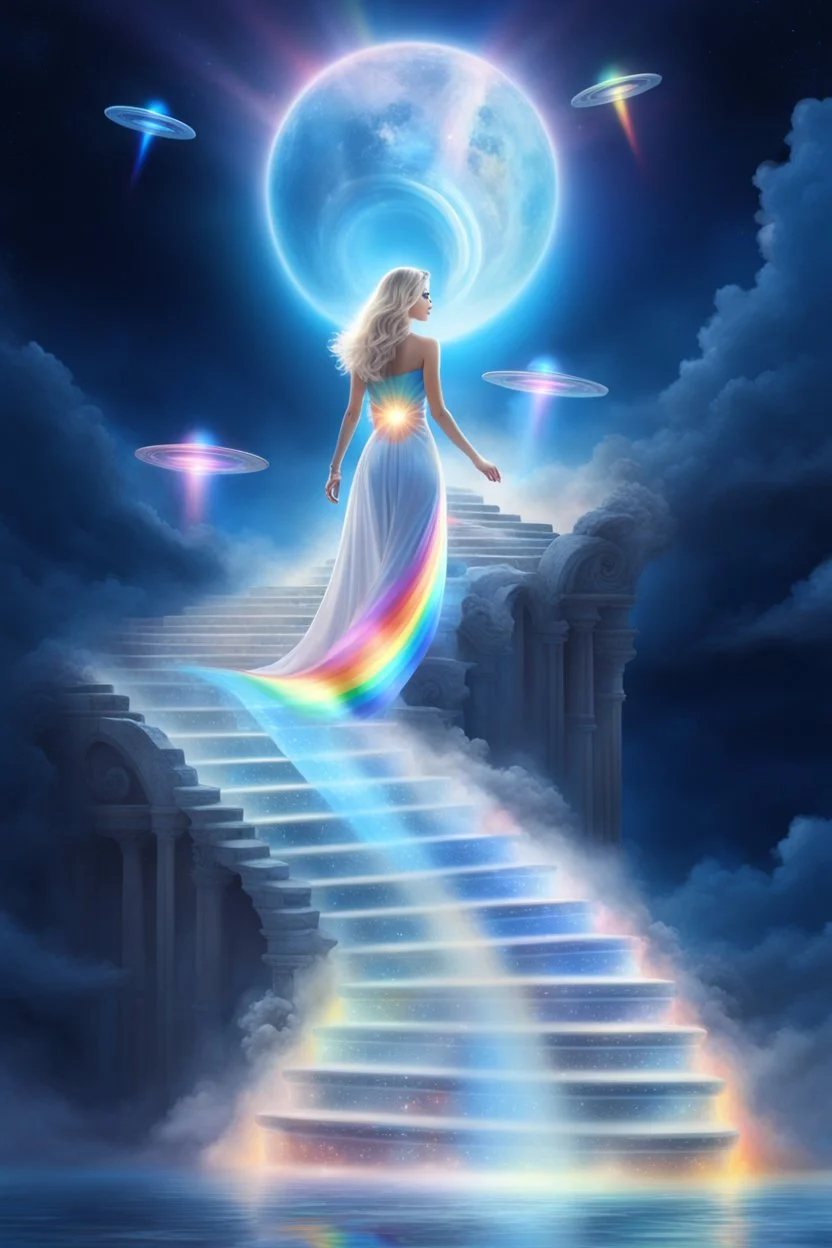 fantastic,Beautiful woman, stairway to heaven whit rainbow, ufos arc en ciel futuriste très beau