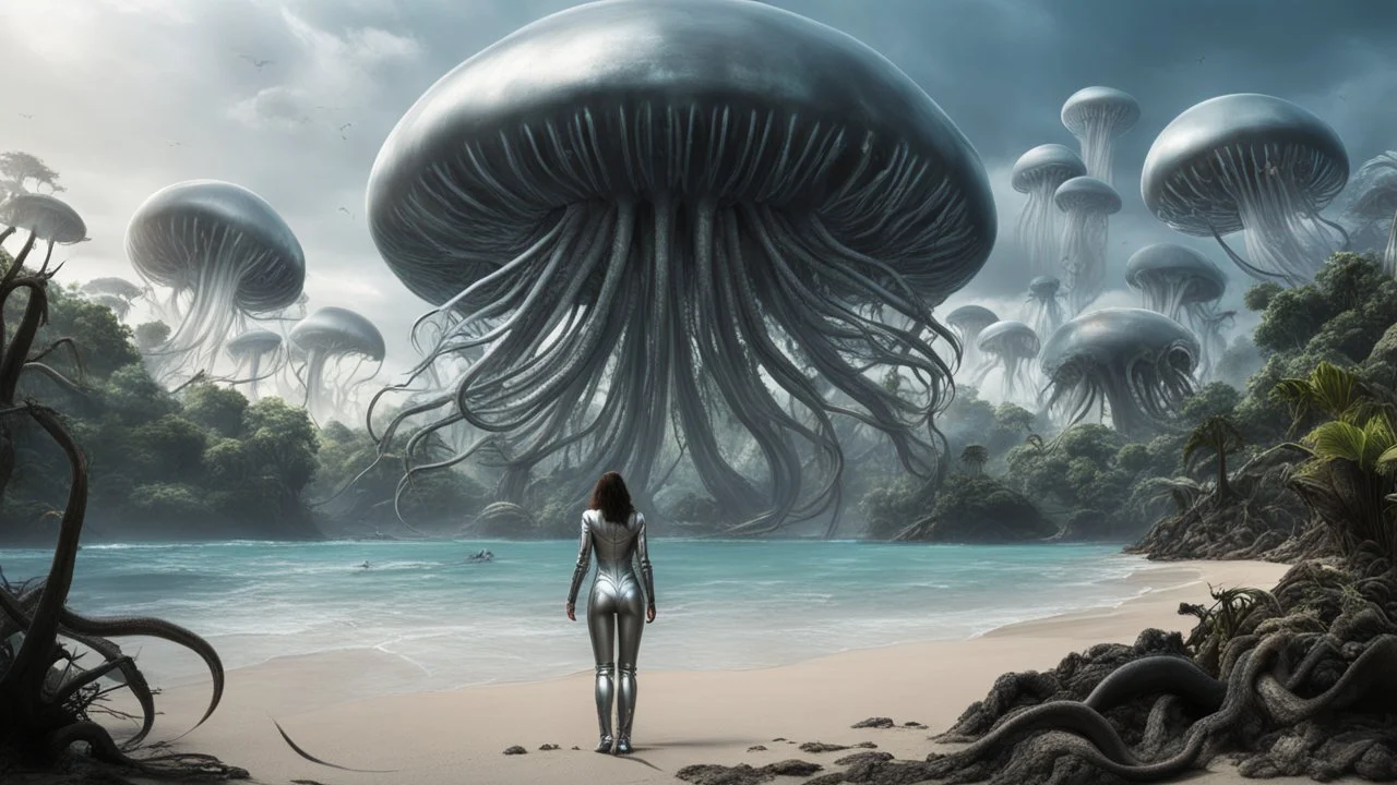 Detailed matte painting of a wide-angle shot of a woman, standing on the right side of an alien beach, with dark hair in a silver robotic catsuit, many large floating jellyfish with octopus tentacles, alien jungle trees in the distance