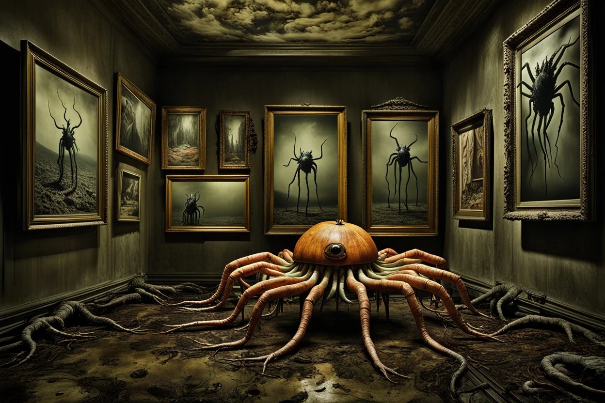 minimalist neo surrealism, nightmarish many legged slimy creature crawling out of large framed picture, creepy spindly legs, haunting nightmare-scape, horror art, mysterious sinister colorful, by Joel Peter Witkin, by Suguru Tanaka, expansive, Photoreal, wet drenched atmosphere, room is flooded.