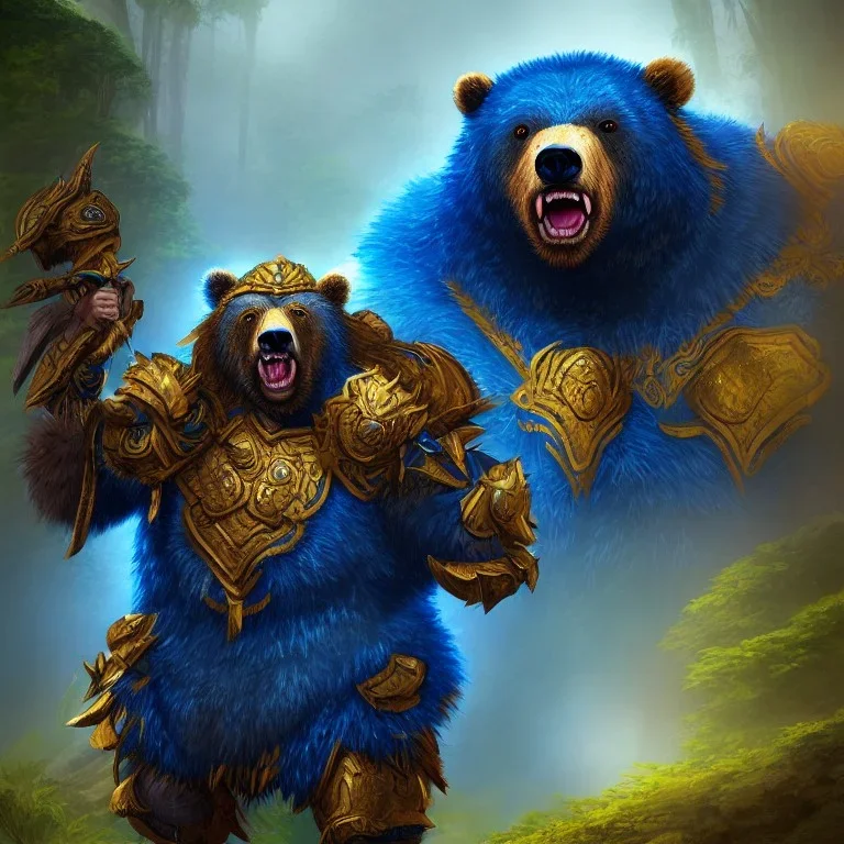 An angry bear warrior in blue and gold armor, background of Inka jungle, high detail, smooth, realistic, digital illustration, Artstation, artgerm,