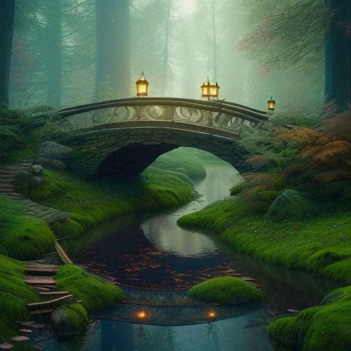 poet with lute, evening, glowing stone statue under wooden bridge in magical forest, spray painting, foliage frame, fantasy art , movie poster, Realistic photography, incredibly detailed, ultra high resolution, 8k, complex 3d render, cinema 4d, color corrected