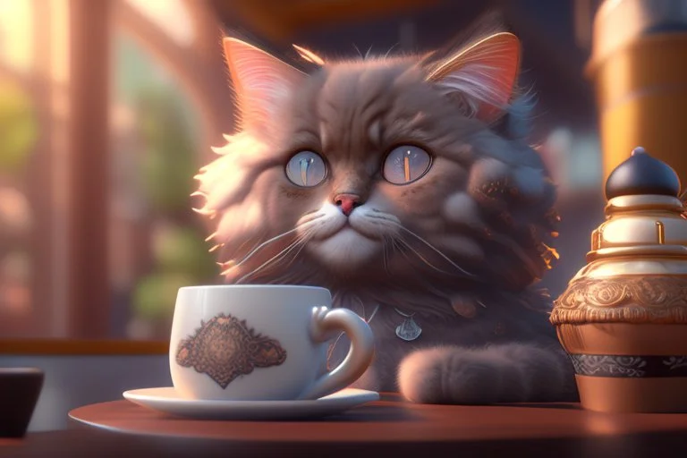 cute fluffy cat in a coffeehouse in sunshine Weight:1 detailed matte painting, deep color, fantastical, intricate detail, splash screen, complementary colors, fantasy concept art, 8k resolution trending on Artstation Unreal Engine 5 Weight:0.9