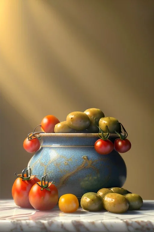 renaissance style still life composite, Ravioli pasta with natural cherry tomato, albahaca, olives, olive oil. Dish, moisture, art, natural, ornaments, ceramic, marble, high kitchen, smooth, god rays, unreal engine 5, ray tracing, RTX, lumen lighting, ultra detail, volumetric lighting, 3d.