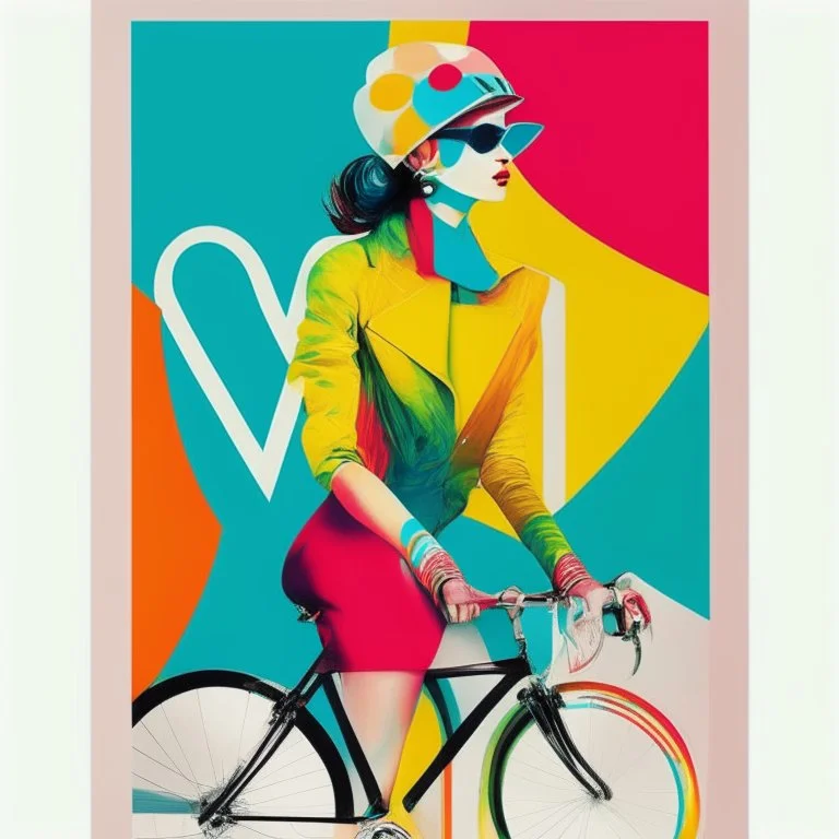 A vogue-like poster featuring a cyclist. No writing, no words. Colourful, fashion.