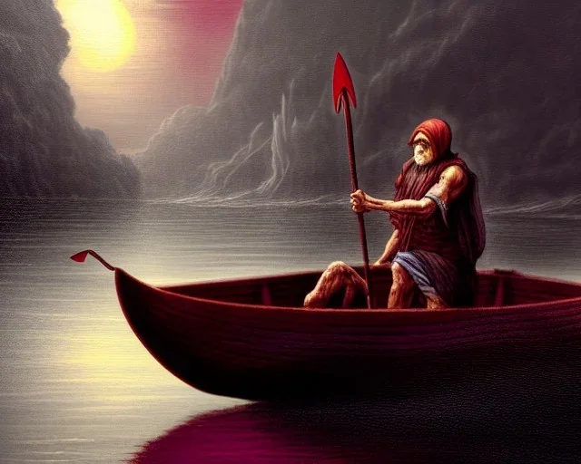 Charon the ferryman in his boat on the river Styx, red black purple colours, 8k, high definition, fantasy art, winding river, sharp jagged rocks, high contrast colours, sharp colours