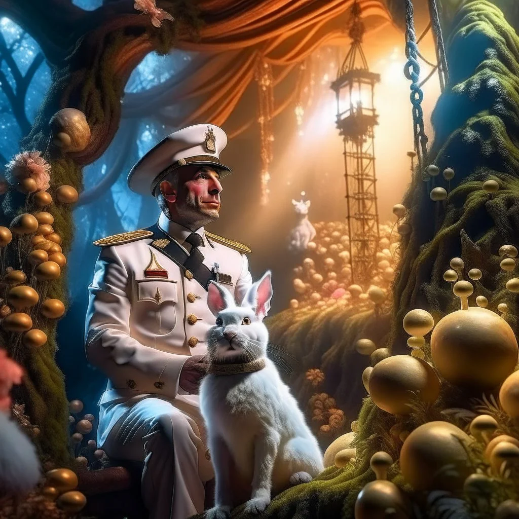 woodland portrait of Mexican macho gestapo army officer on a ladder inside glowing mushroom grove with huge fluffy space rabbit, 4 k, down-light, soft light, depth of field, photo realism, trending on art station, high detail, spray paint