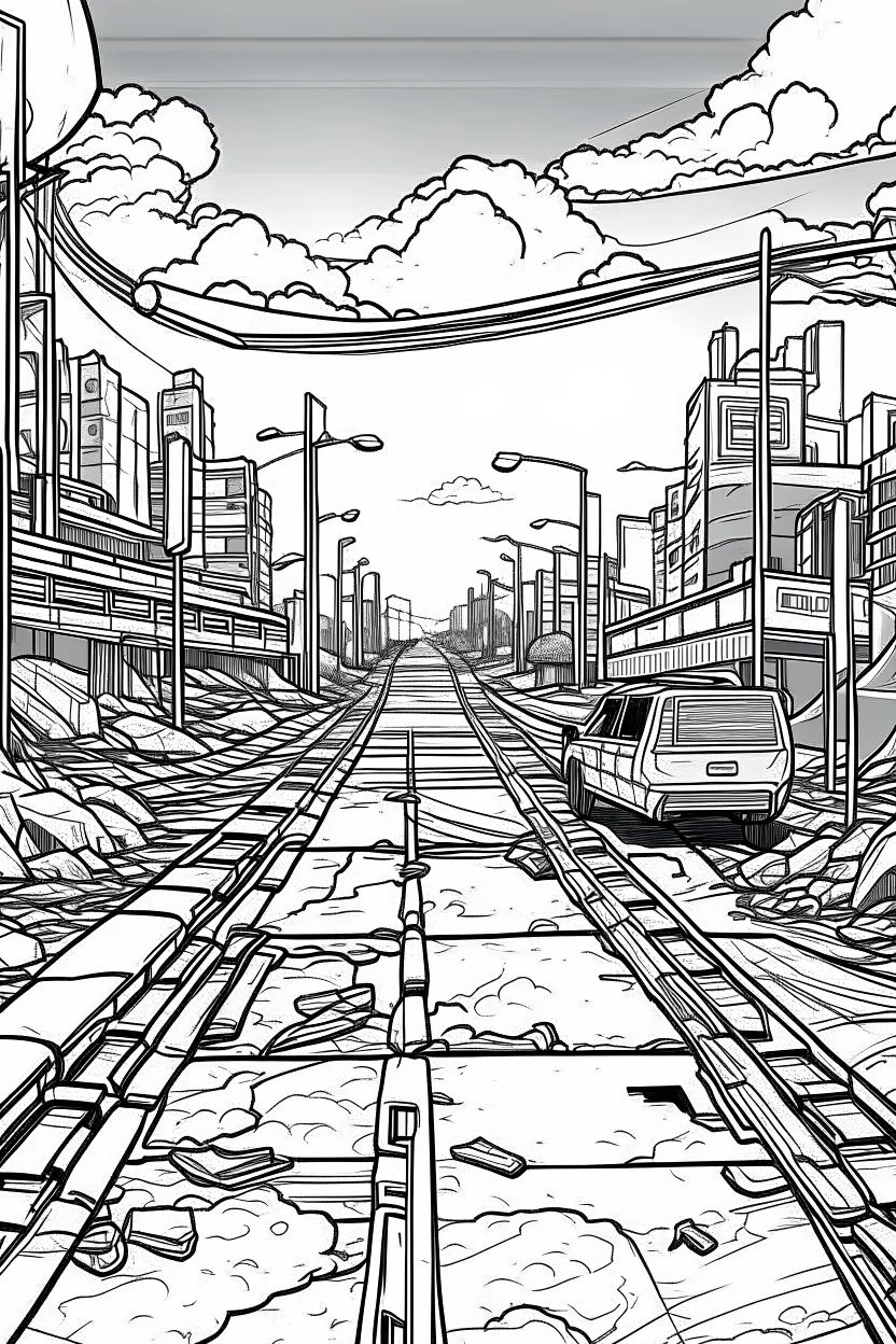 Outline art, no shading, machine on the road, cartoon style, black and white, low detail, --ar 9:11