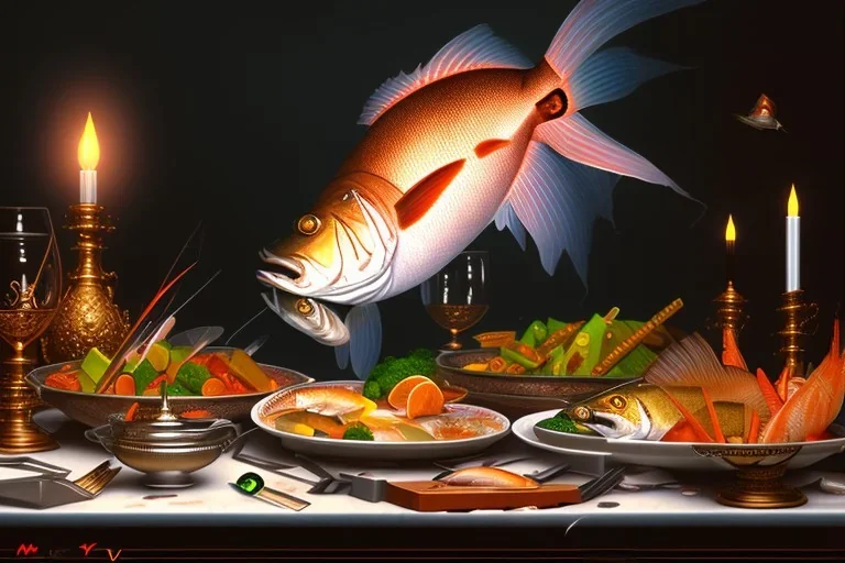 supper, fish sit at the table and eat pieces of people.