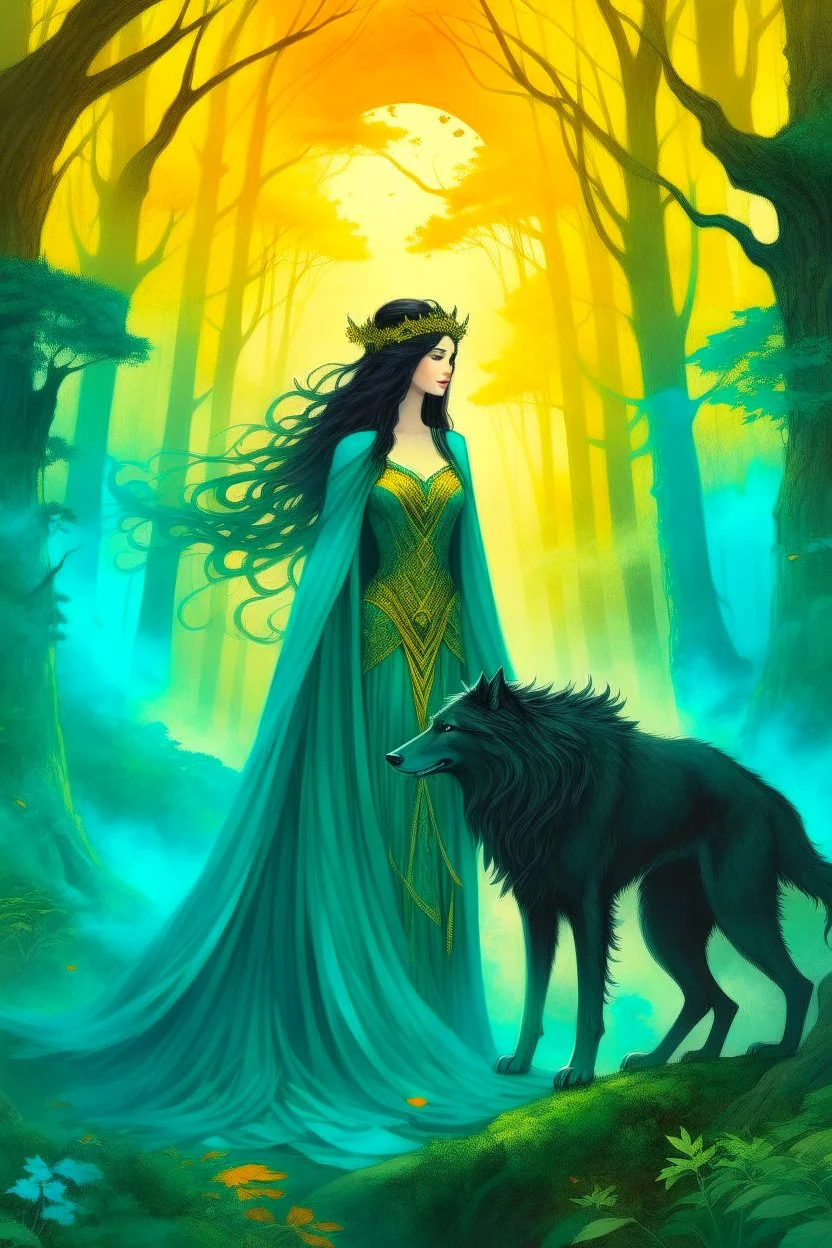 book cover, In the heart of a dense and enigmatic forest with towering ancient trees cloaked in emerald, yellow and amber foliage stood a bewitching sorceress possessing an ethereal allure her lustrous hair cascading in ebony waves down to her slender waist In the background a faithful companion a majestic canine of Belgian shepherd lineage roamed at her side its eyes illuminated by an otherworldly crimson glow exuding an aura both mysterious and demonic