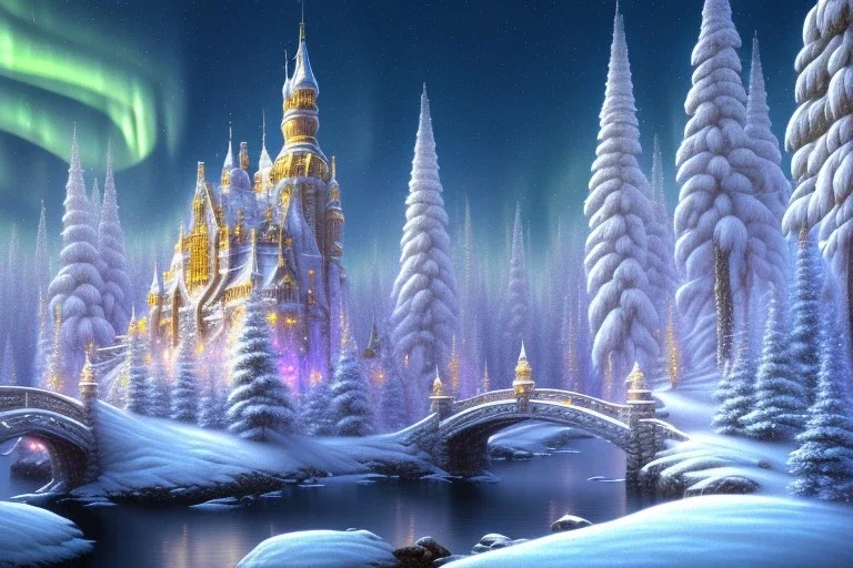  white and gold crystal castle，waterfall, winter snow flakessnow, northern Lights, full of details, smooth, bright sunshine，soft light atmosphere, light effect，vaporwave colorful, concept art, smooth, extremely sharp detail, finely tuned detail, ultra high definition, 8 k, unreal engine 5, ultra sharp focus