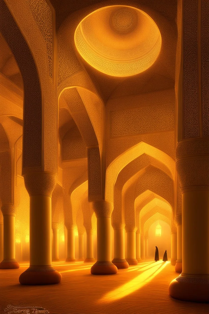 Inside a Moghul mosque at night, gleaming, harmonious, incandescent by artist "Igor Zenin", by artist "George Clausen"