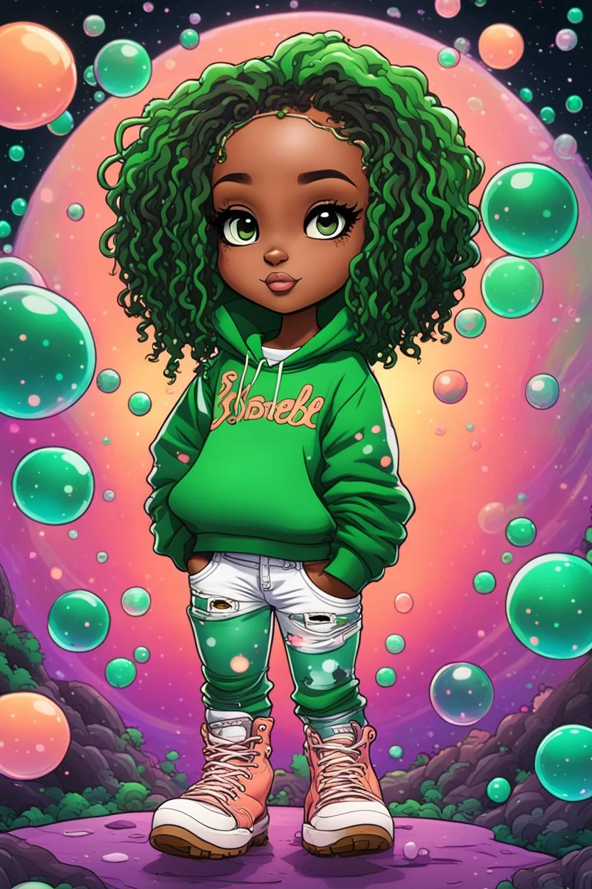 Create an colorful psychedelic comic book illustration of a chibi cartoon black female thick curvy wearing a cut of green and peach hoodie and white jeans and timberland boots. Prominent make up with long lashes and hazel eyes. Highly detailed shiny sister locs. Background of a large bubbles all around her